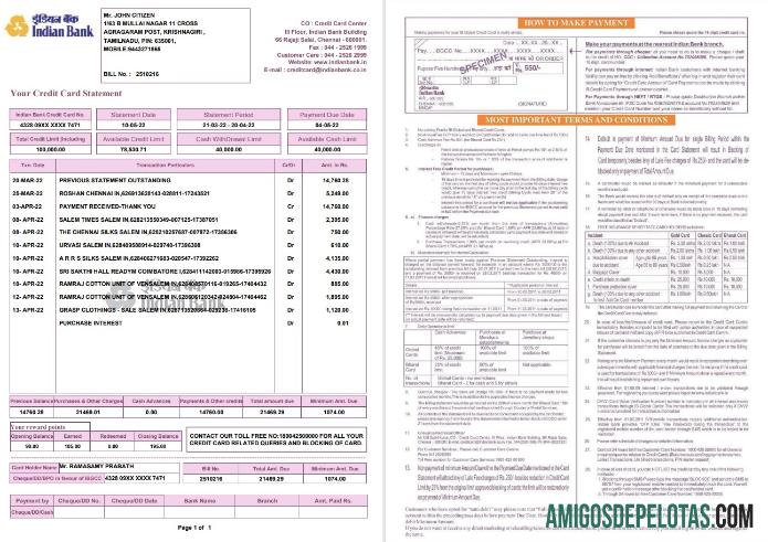 Exemplo de extrato de cartão de crédito de banco indiano com 2 páginas